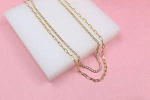 Layered Clear Round CZ Stones With Paper Clip Chain Necklace