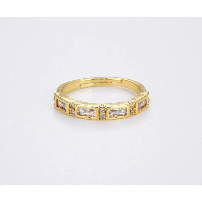 18K Dainty Gold Filled Band Crystal Ring, Baguette CZ Adjustable Ring