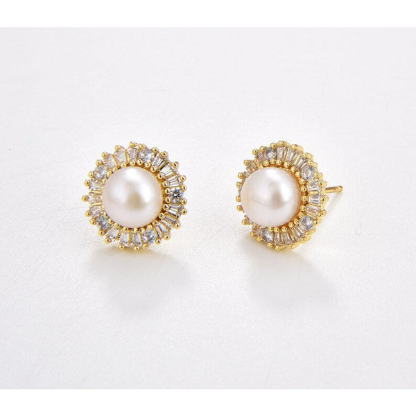 18K Gold Filled Baguette CZ Pearl Earrings