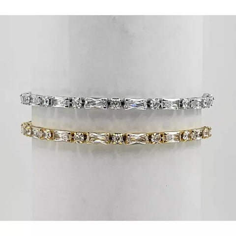 18K Gold Filled or Sterling Silver Round Baguette, Cubic Zirconia Adjustable Bracelet