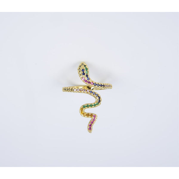 Adjustable CZ Rainbow Snake Ring, 18K Gold Filled