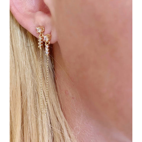 CZ Double Piercing Earrings Connected by Chain