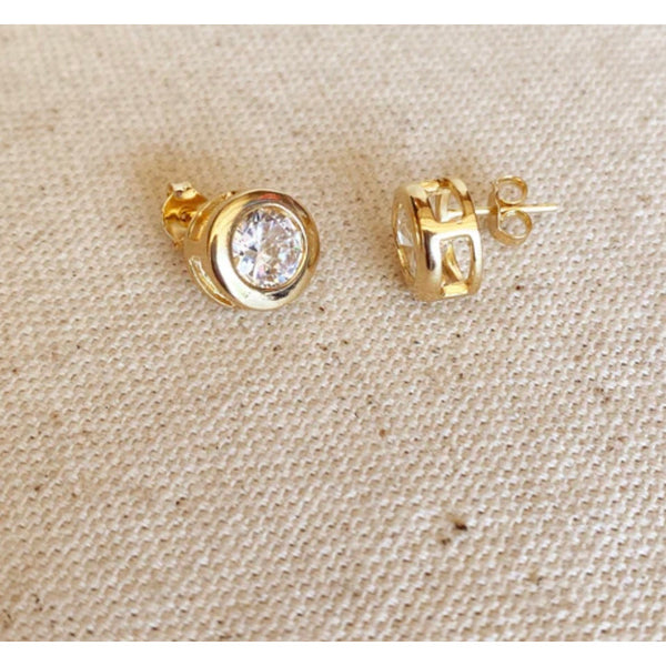 18k Gold Filled 10mm Bezeled Cubic Zirconia Stone Stud Earrings